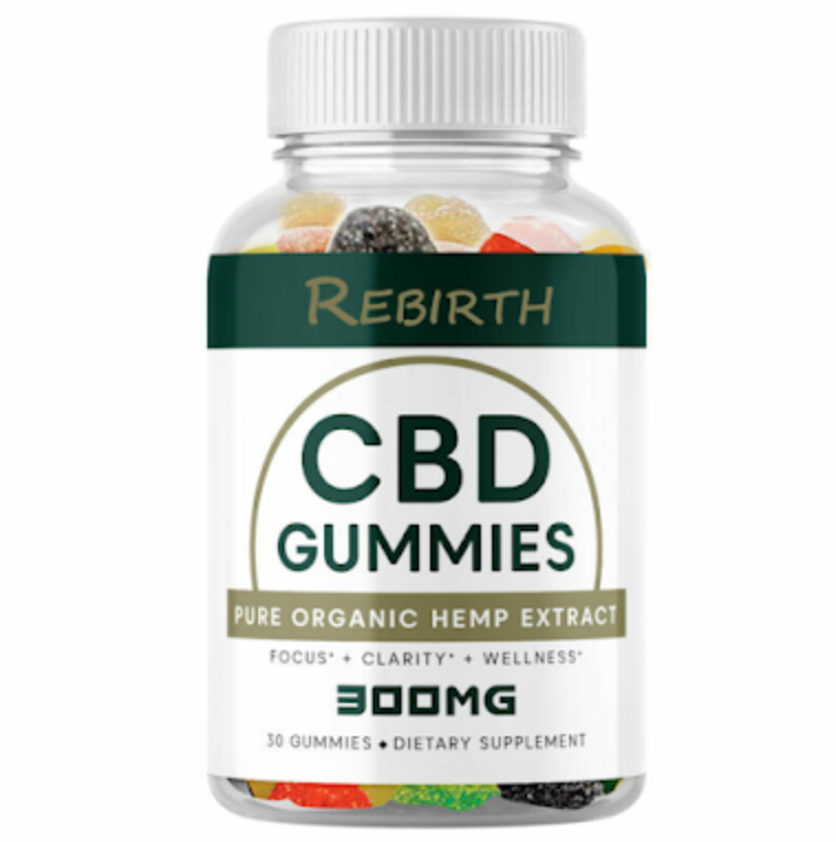 Rebirth CBD Gummies bottle showing a 30-gummy dietary supplement