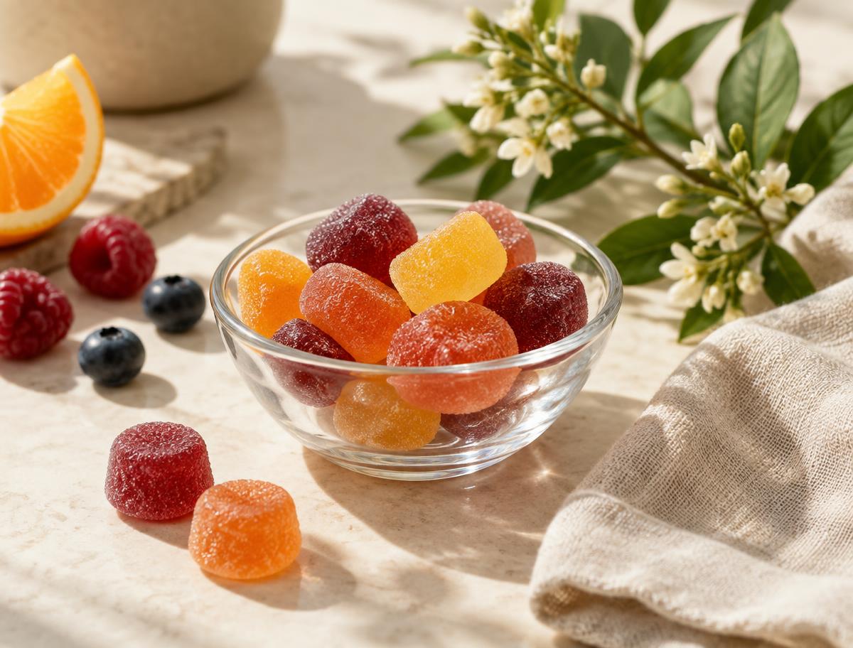 Colorful fruit gummies in a glass bowl with fresh berries and botanical sprigs