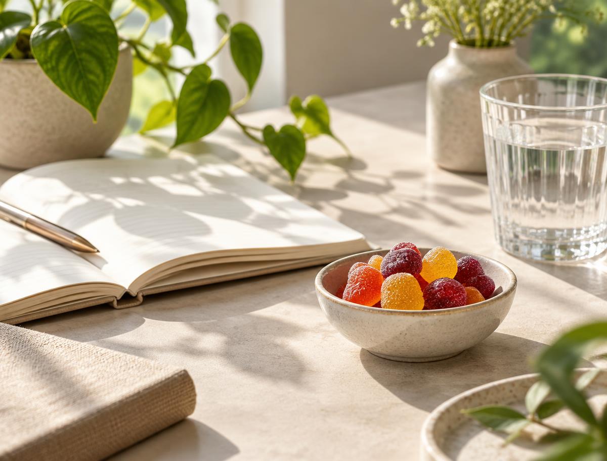 Notebook, water, botanical leaves, and colorful gummies in soft morning light